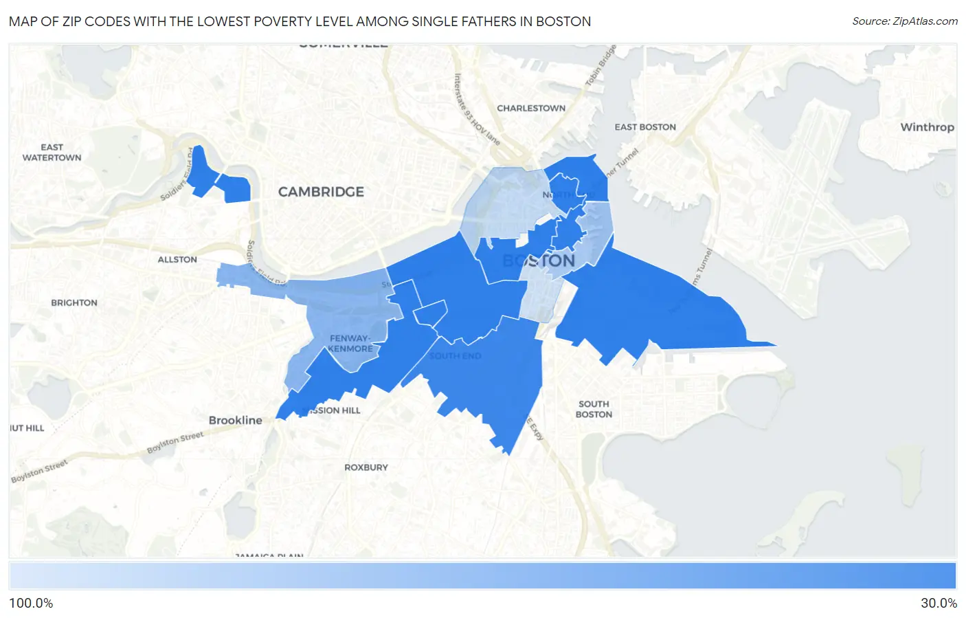 Zip Codes with the Lowest Poverty Level Among Single Fathers in Boston Map