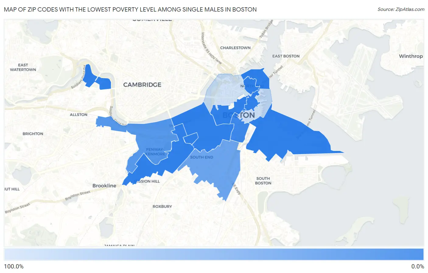 Zip Codes with the Lowest Poverty Level Among Single Males in Boston Map