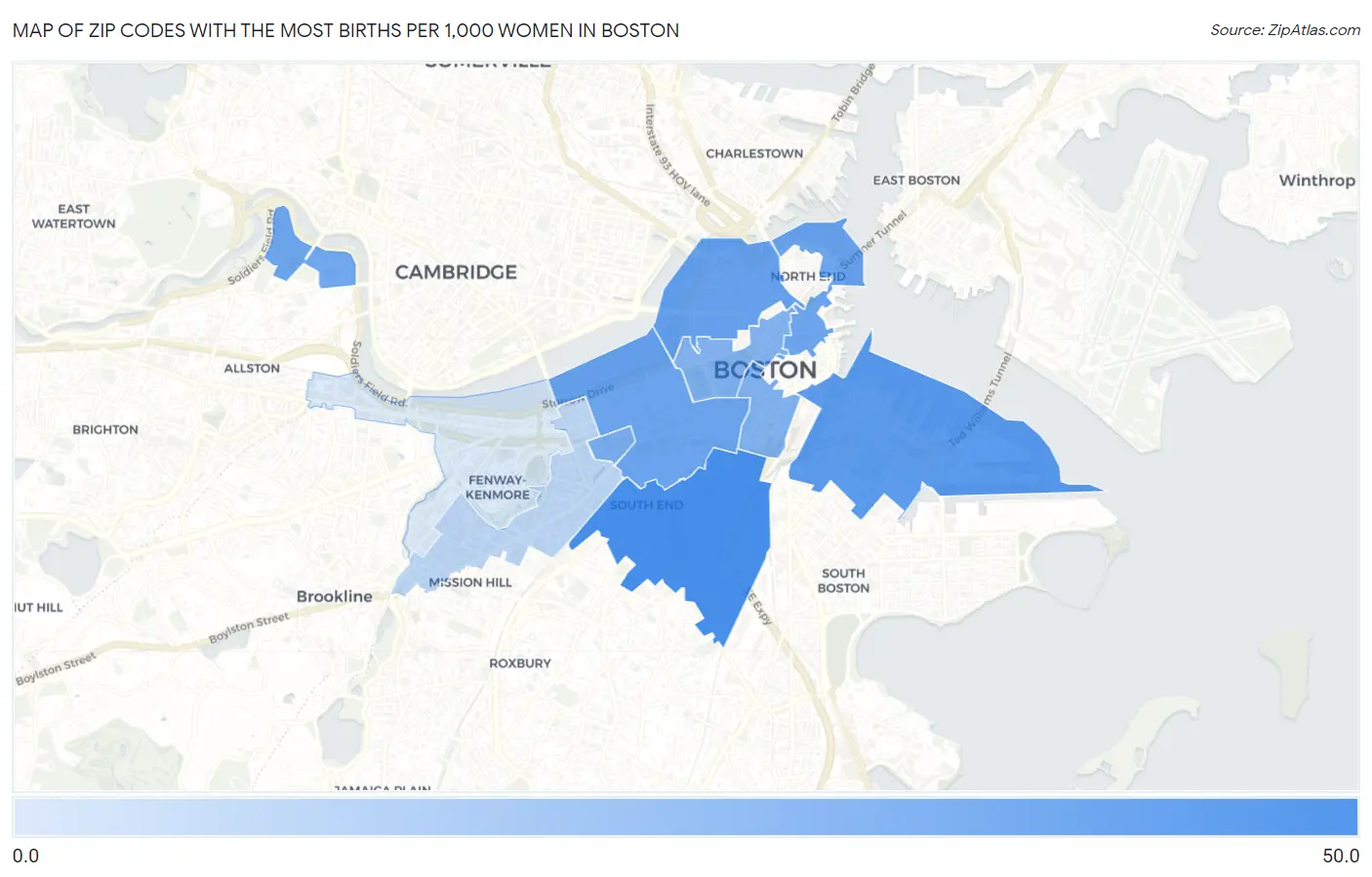 Zip Codes with the Most Births per 1,000 Women in Boston Map