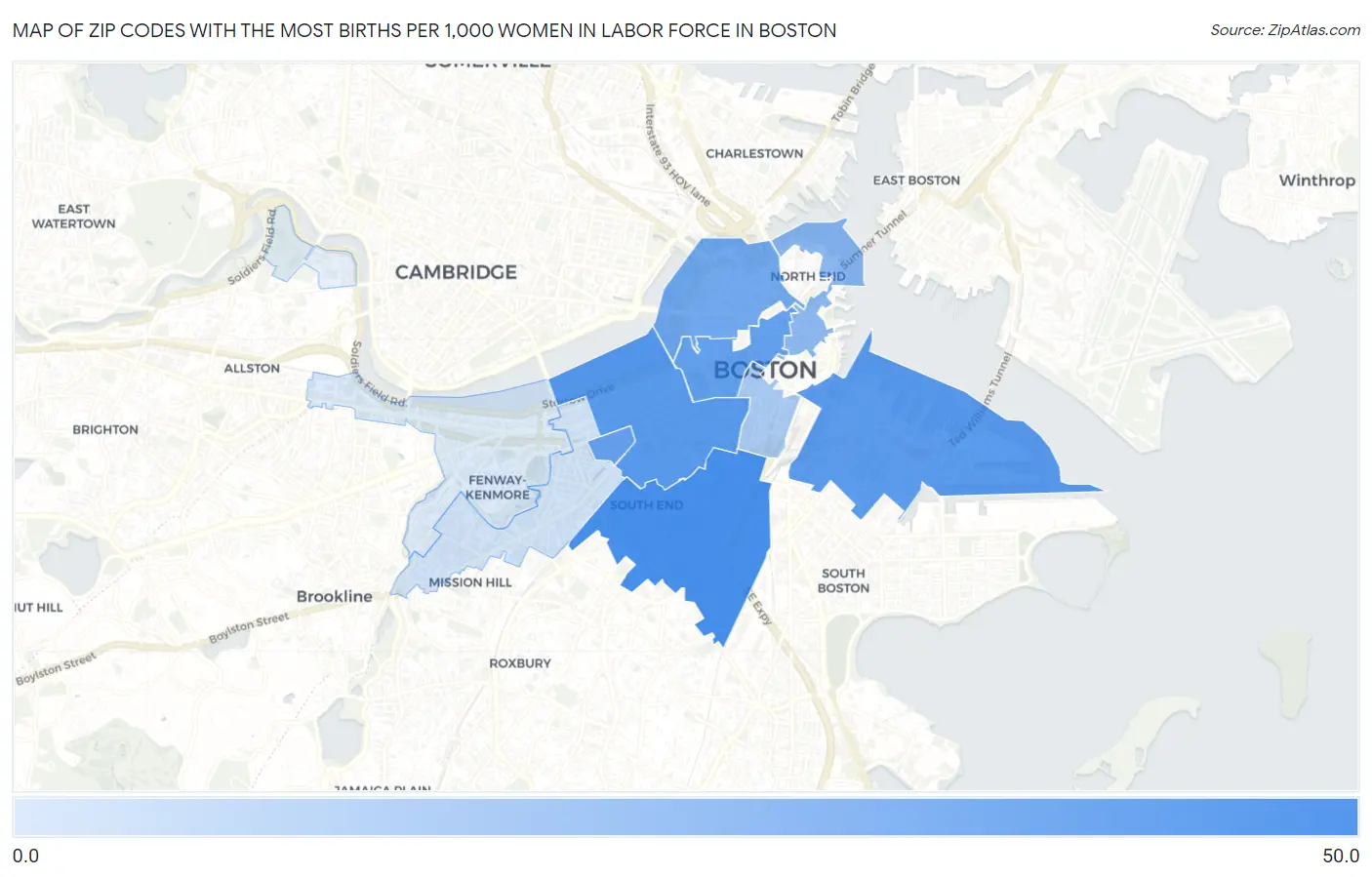 Zip Codes with the Most Births per 1,000 Women in Labor Force in Boston Map