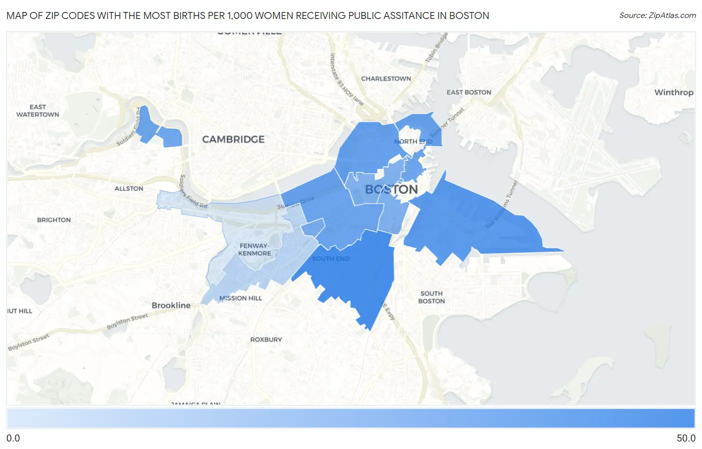 Zip Codes with the Most Births per 1,000 Women Receiving Public Assitance in Boston Map