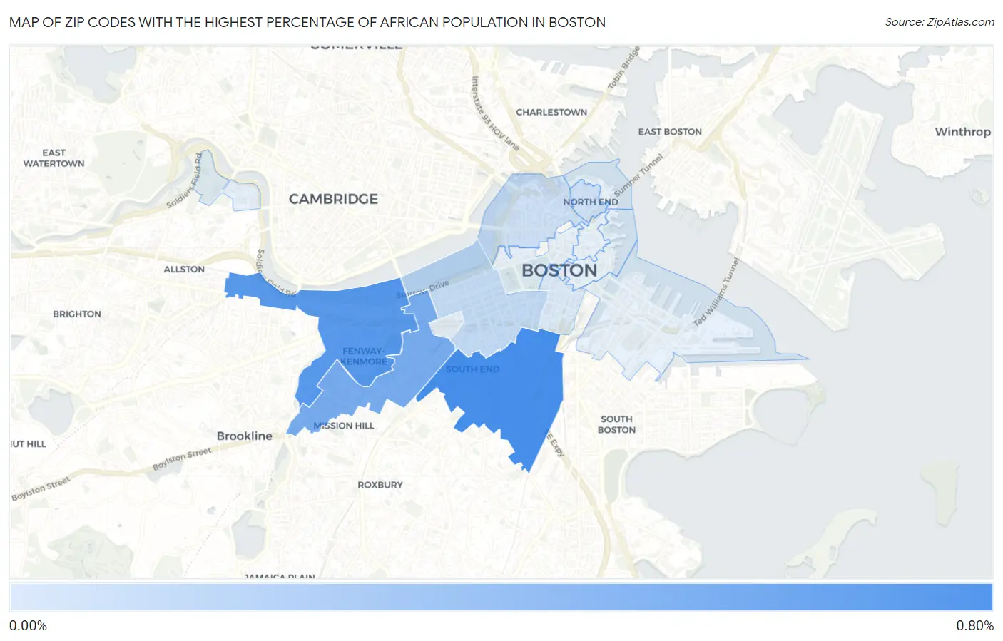 Zip Codes with the Highest Percentage of African Population in Boston Map