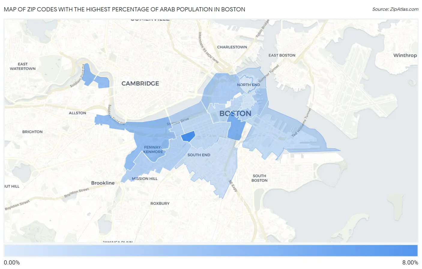 Zip Codes with the Highest Percentage of Arab Population in Boston Map