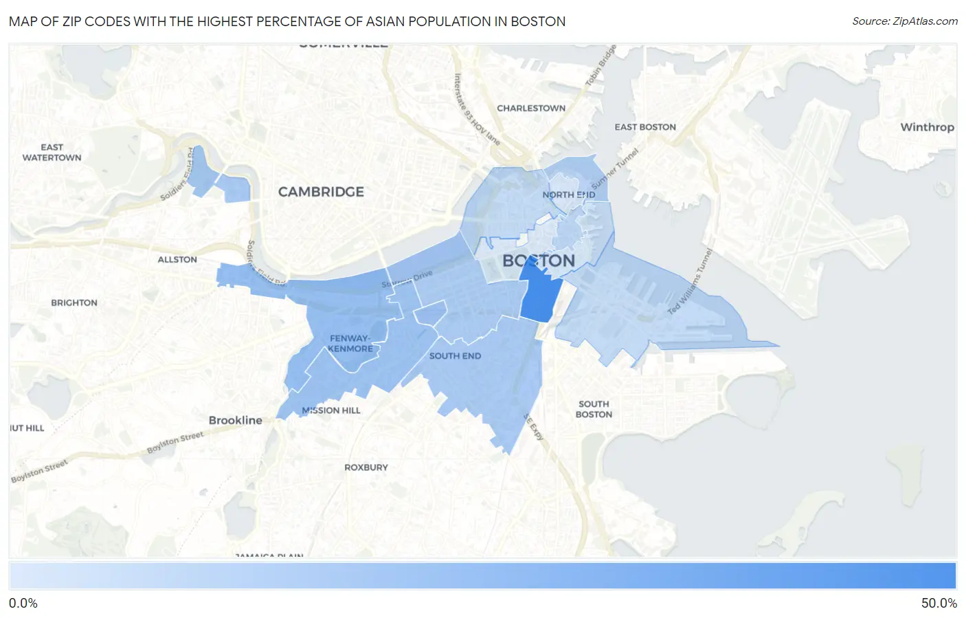 Zip Codes with the Highest Percentage of Asian Population in Boston Map