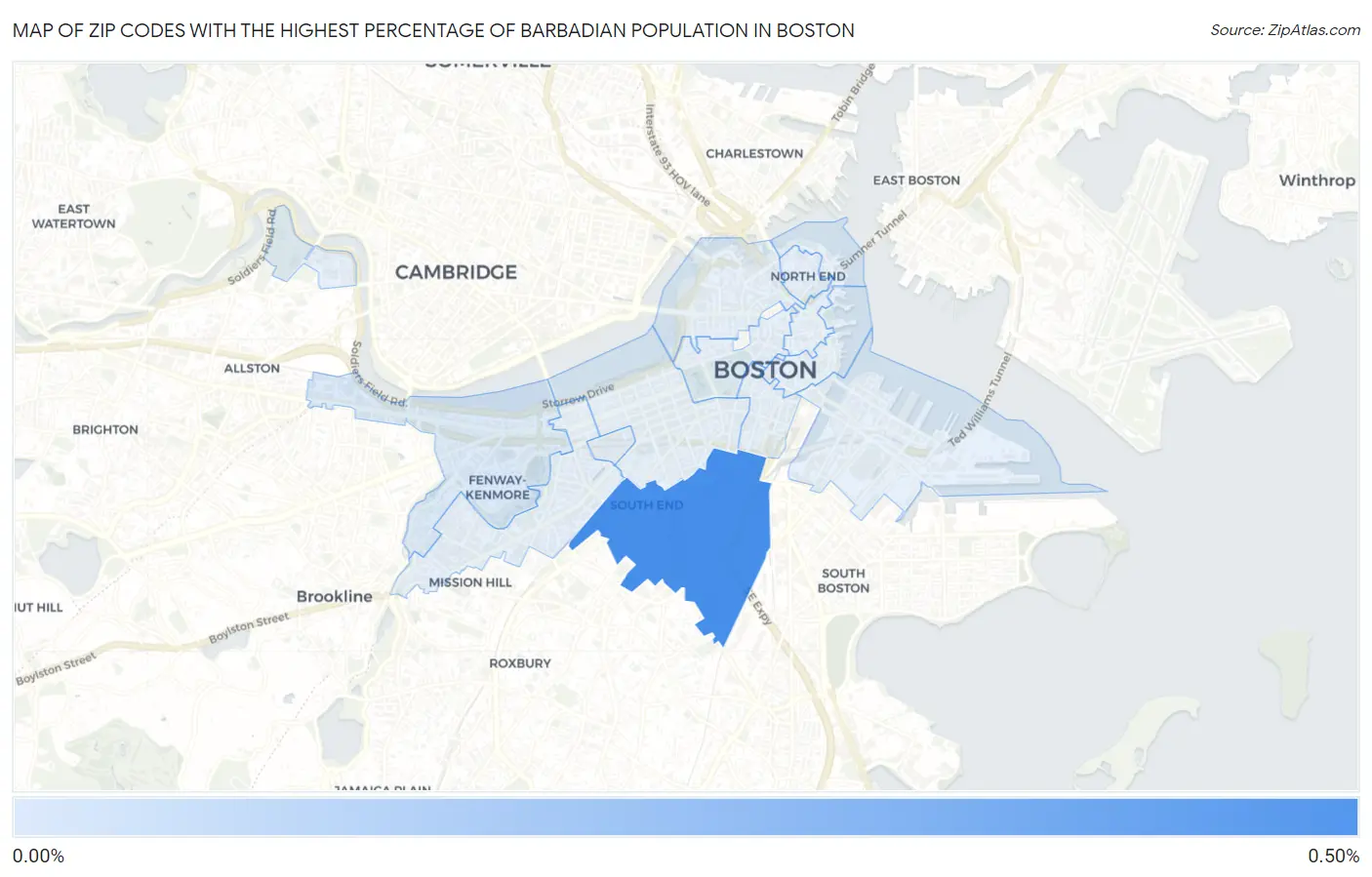 Zip Codes with the Highest Percentage of Barbadian Population in Boston Map