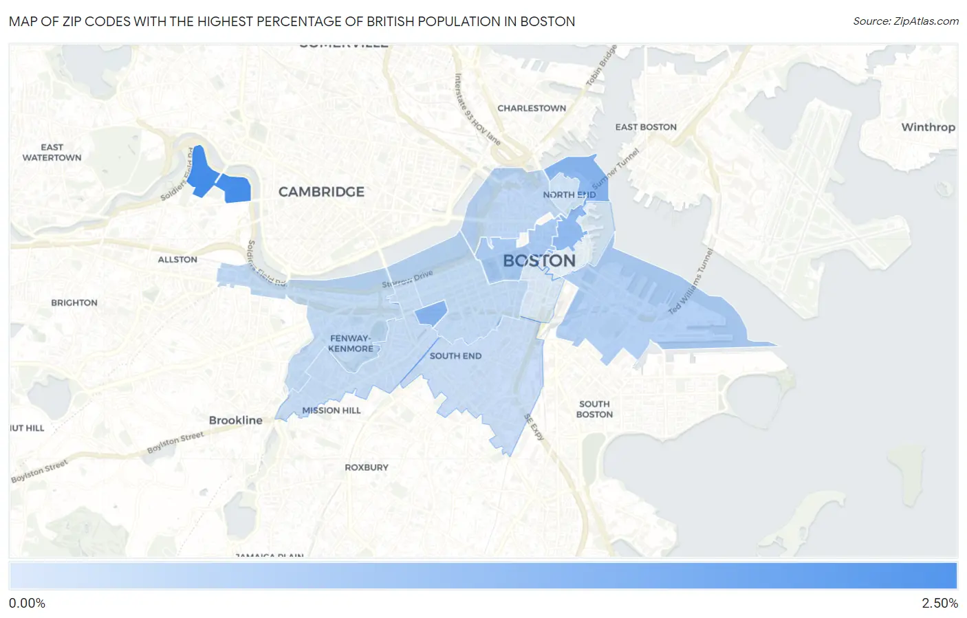 Zip Codes with the Highest Percentage of British Population in Boston Map