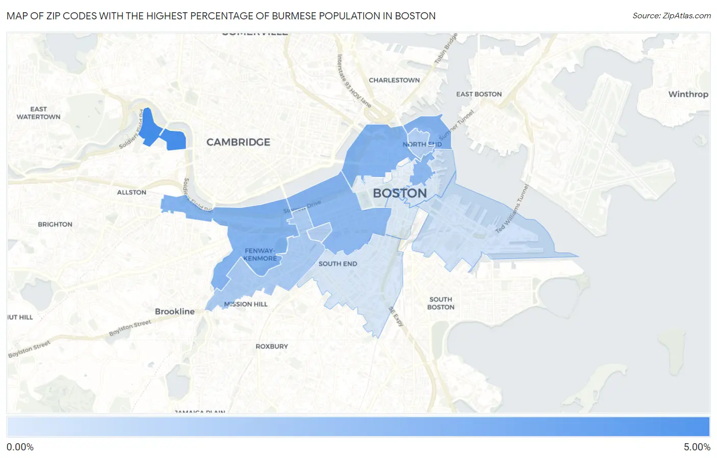Zip Codes with the Highest Percentage of Burmese Population in Boston Map