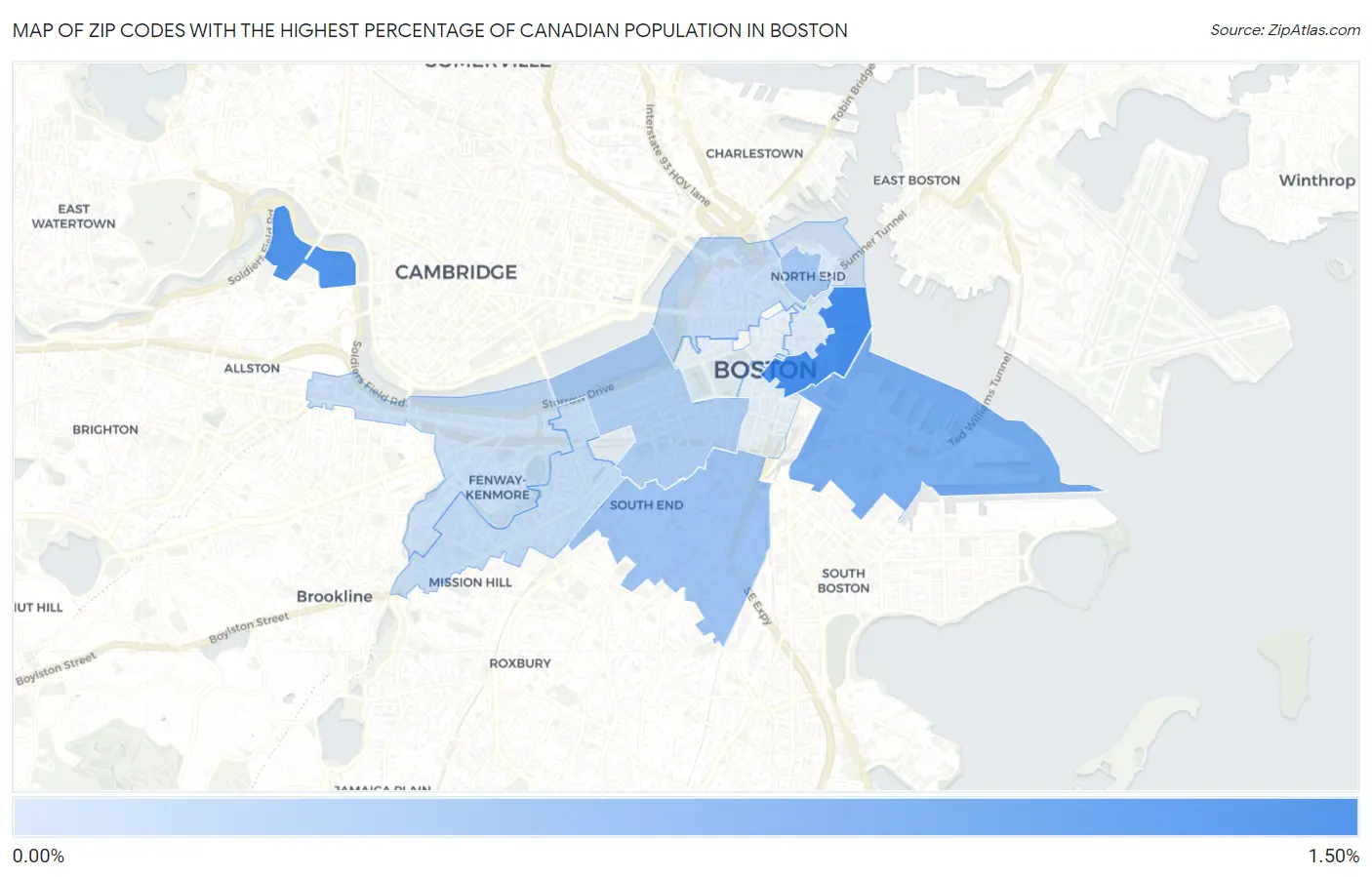 Zip Codes with the Highest Percentage of Canadian Population in Boston Map