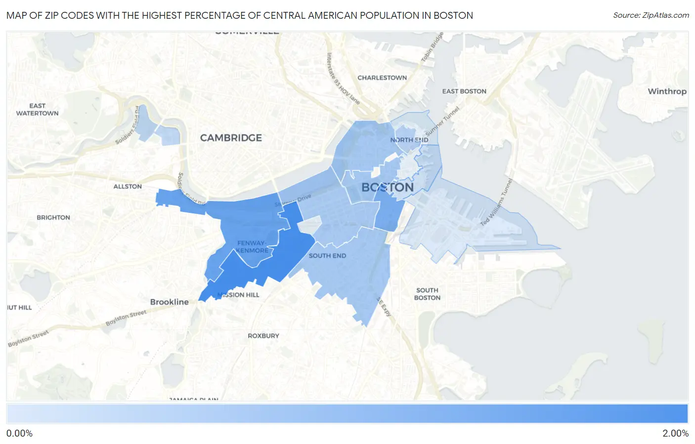 Zip Codes with the Highest Percentage of Central American Population in Boston Map