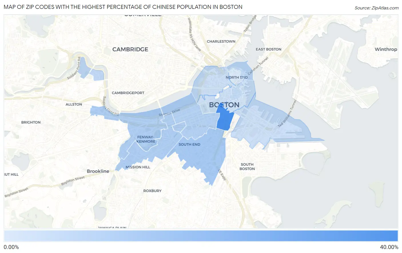 Zip Codes with the Highest Percentage of Chinese Population in Boston Map