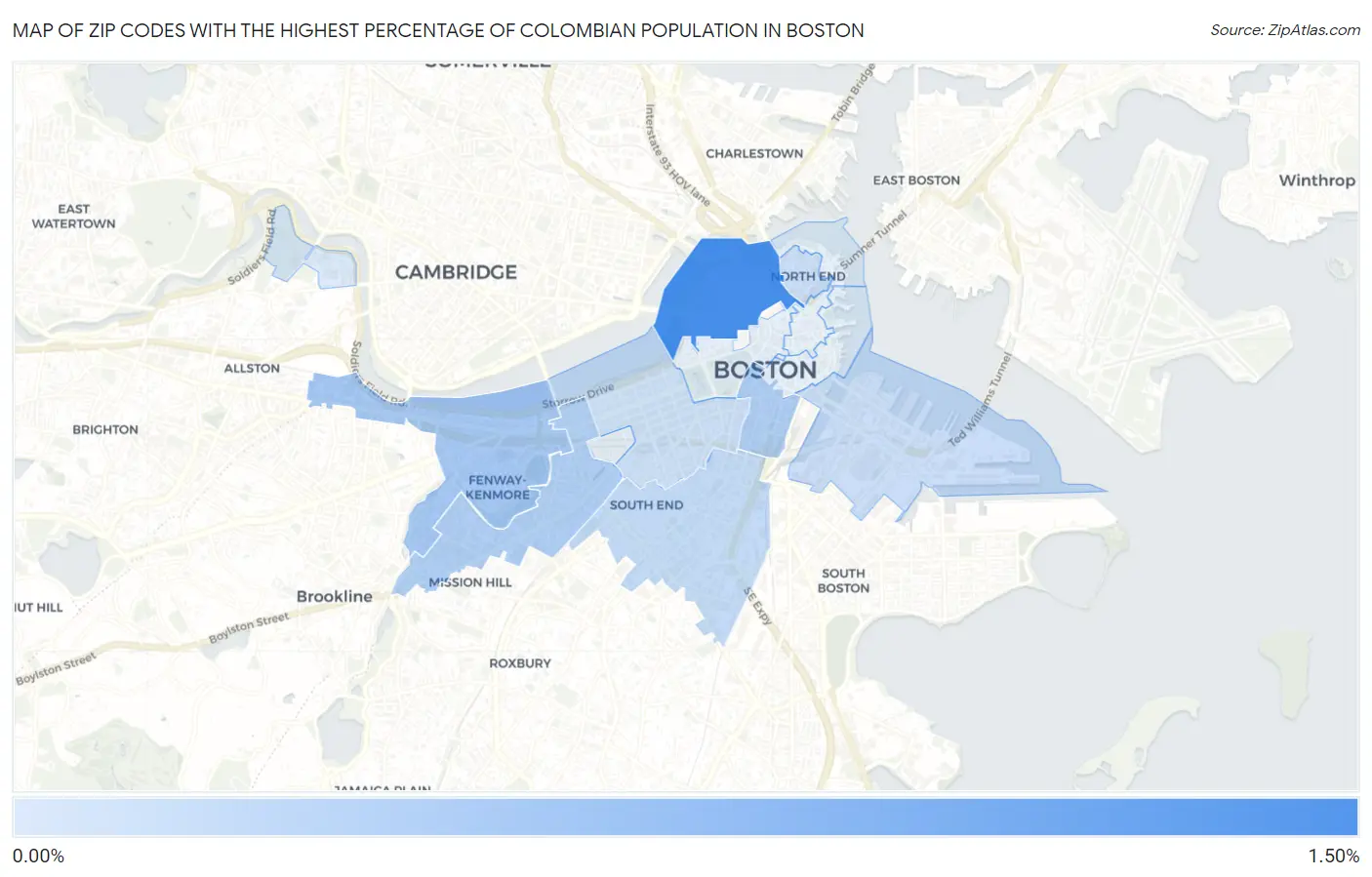 Zip Codes with the Highest Percentage of Colombian Population in Boston Map