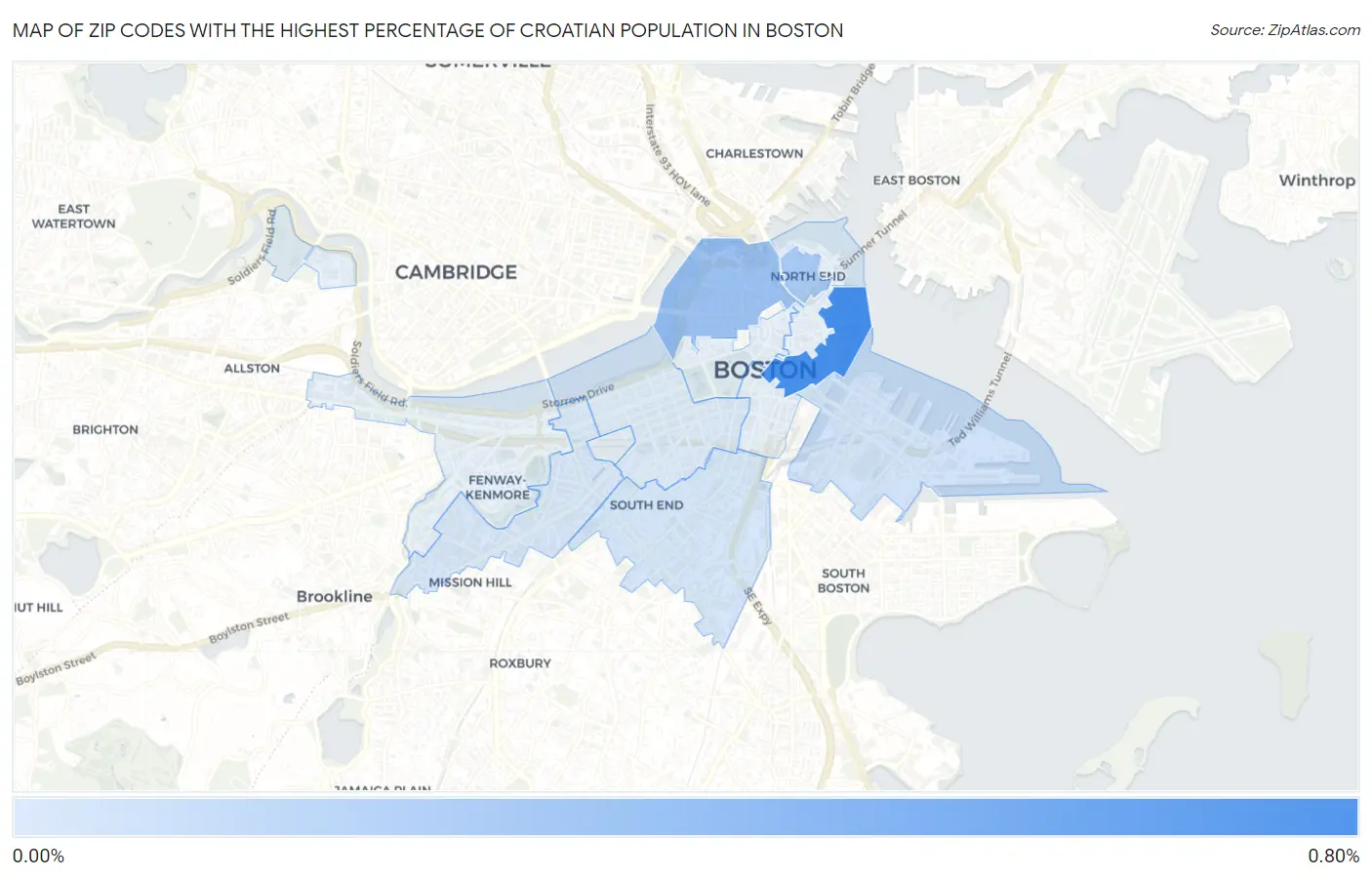 Zip Codes with the Highest Percentage of Croatian Population in Boston Map