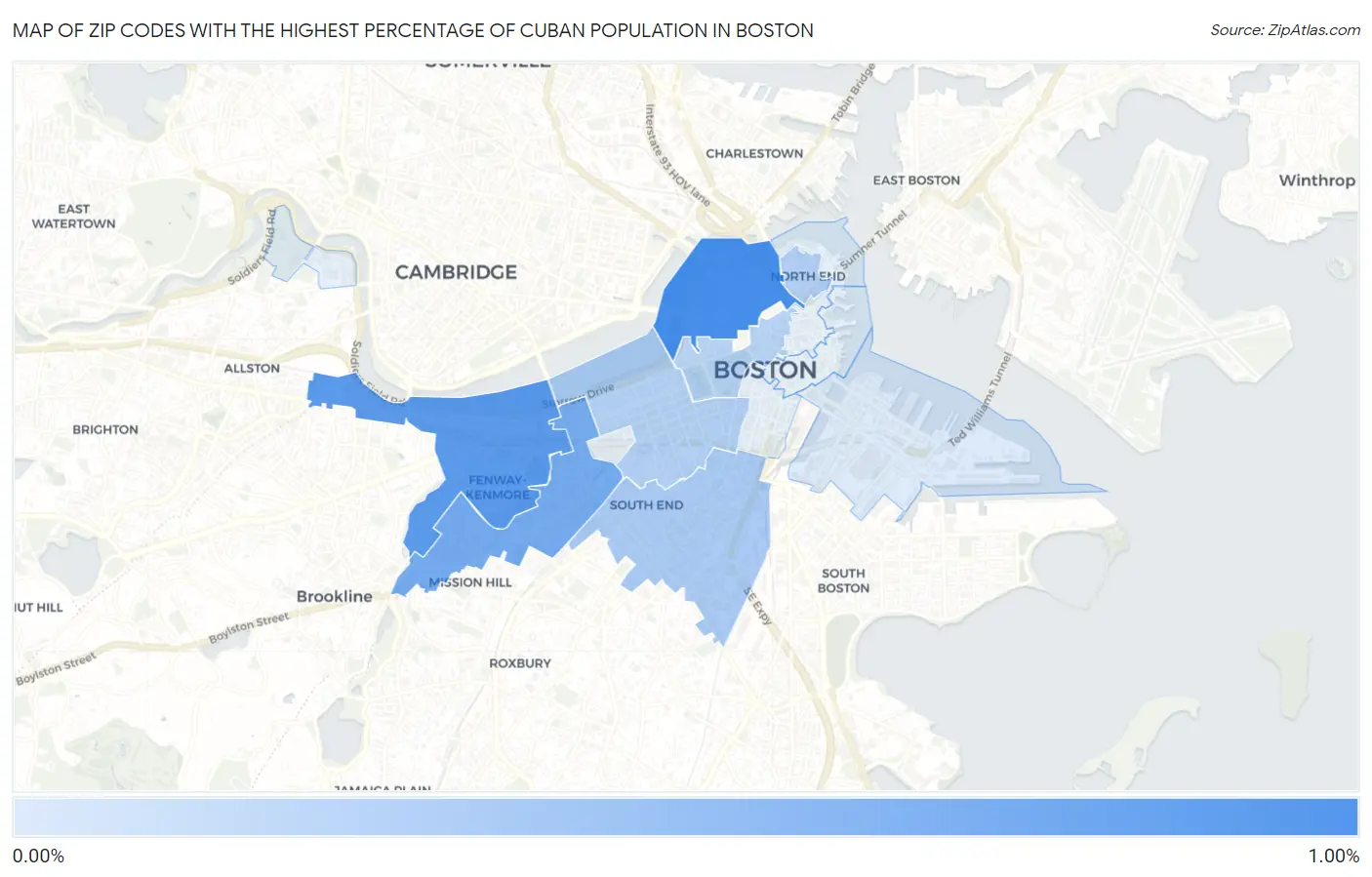 Zip Codes with the Highest Percentage of Cuban Population in Boston Map