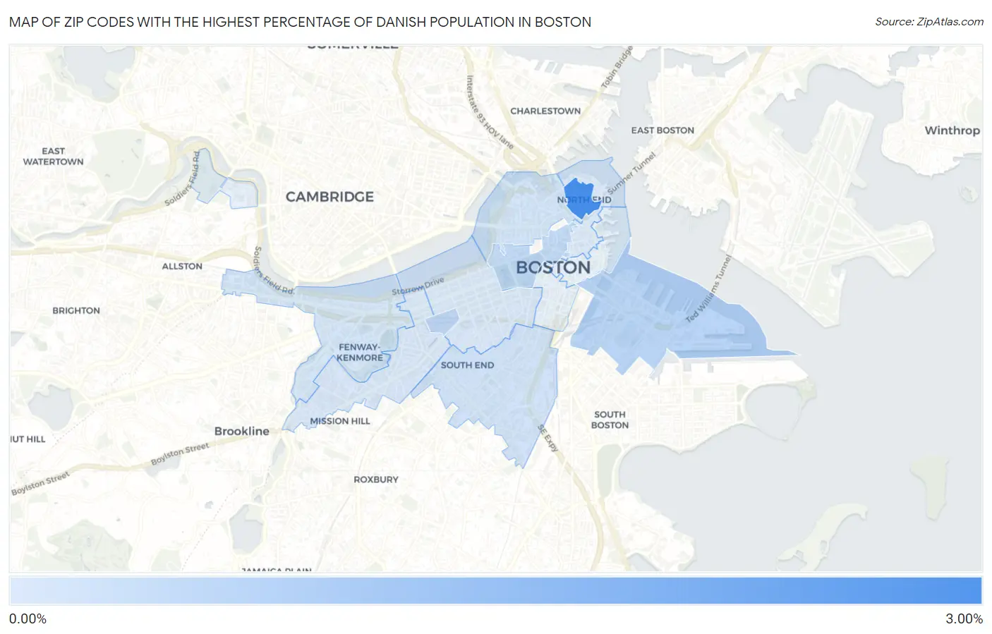 Zip Codes with the Highest Percentage of Danish Population in Boston Map