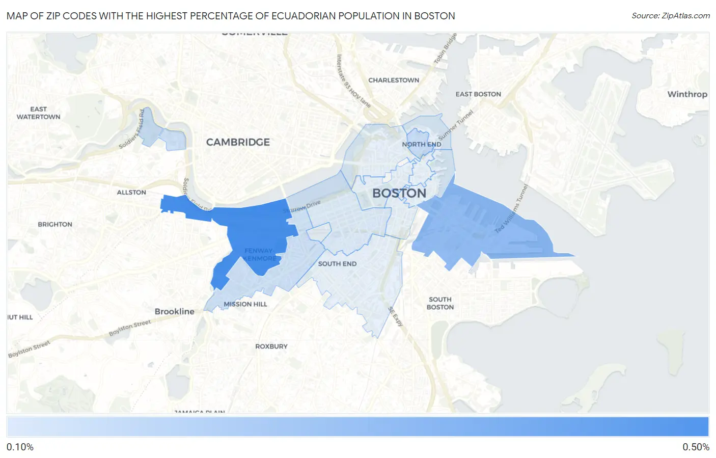 Zip Codes with the Highest Percentage of Ecuadorian Population in Boston Map
