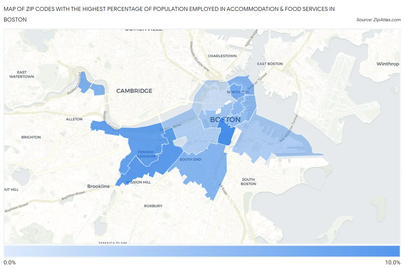 Zip Codes with the Highest Percentage of Population Employed in Accommodation & Food Services in Boston Map