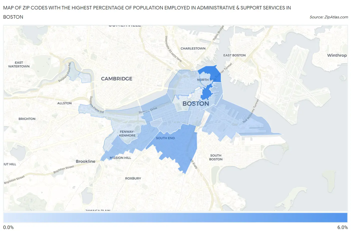 Zip Codes with the Highest Percentage of Population Employed in Administrative & Support Services in Boston Map