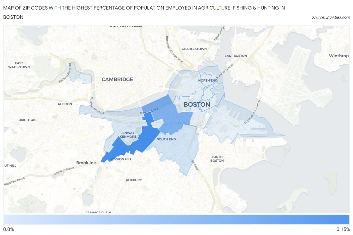 Zip Codes with the Highest Percentage of Population Employed in Agriculture, Fishing & Hunting in Boston Map