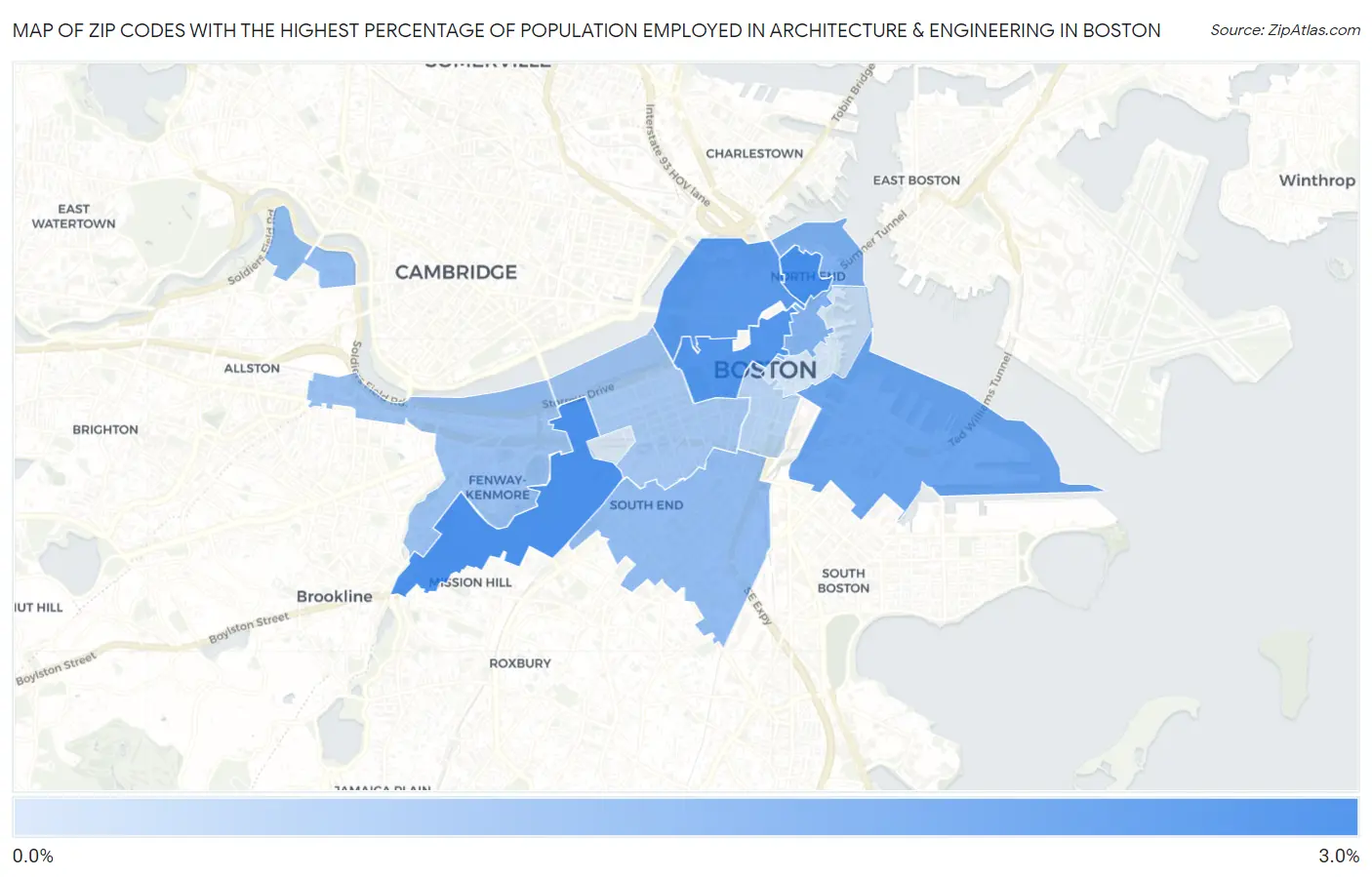 Zip Codes with the Highest Percentage of Population Employed in Architecture & Engineering in Boston Map