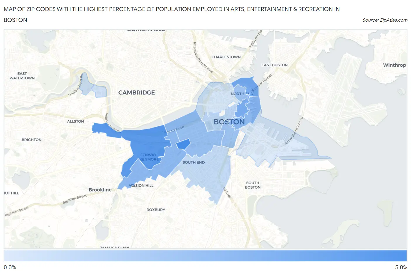Zip Codes with the Highest Percentage of Population Employed in Arts, Entertainment & Recreation in Boston Map