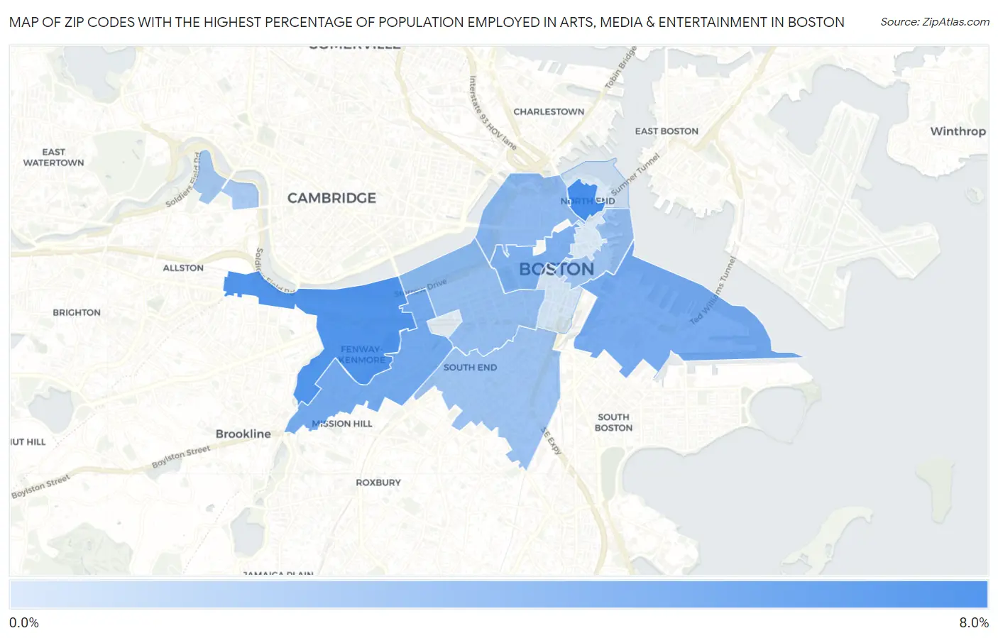 Zip Codes with the Highest Percentage of Population Employed in Arts, Media & Entertainment in Boston Map