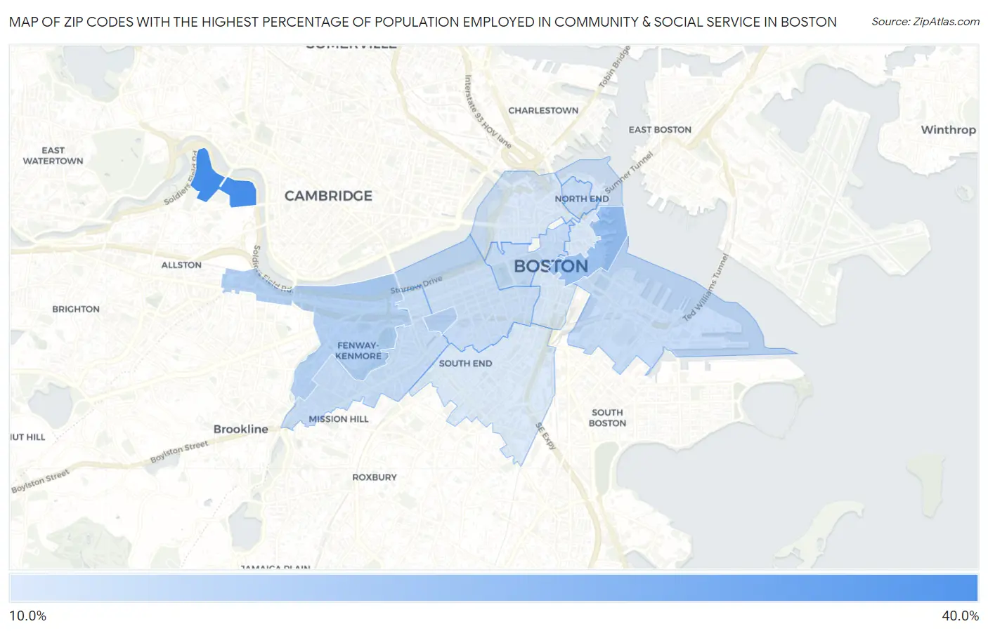 Zip Codes with the Highest Percentage of Population Employed in Community & Social Service  in Boston Map