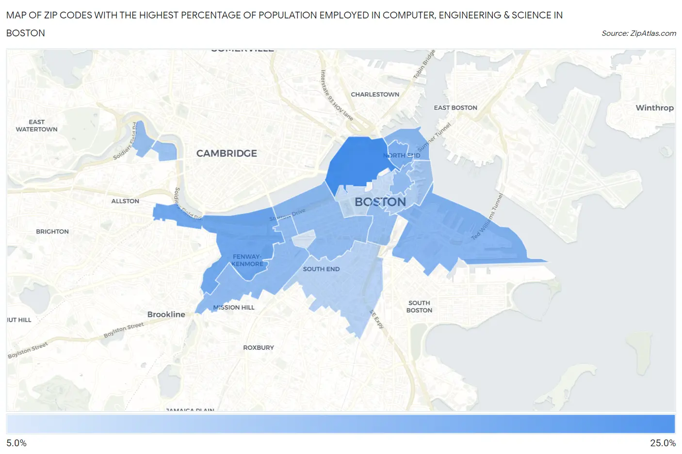 Zip Codes with the Highest Percentage of Population Employed in Computer, Engineering & Science in Boston Map