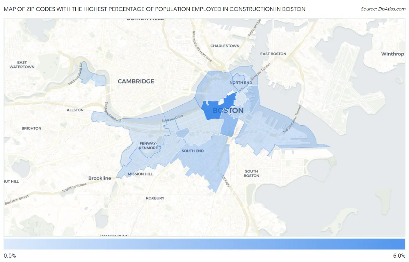 Zip Codes with the Highest Percentage of Population Employed in Construction in Boston Map