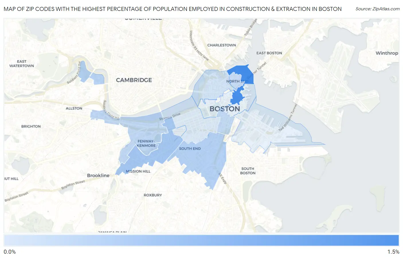 Zip Codes with the Highest Percentage of Population Employed in Construction & Extraction in Boston Map