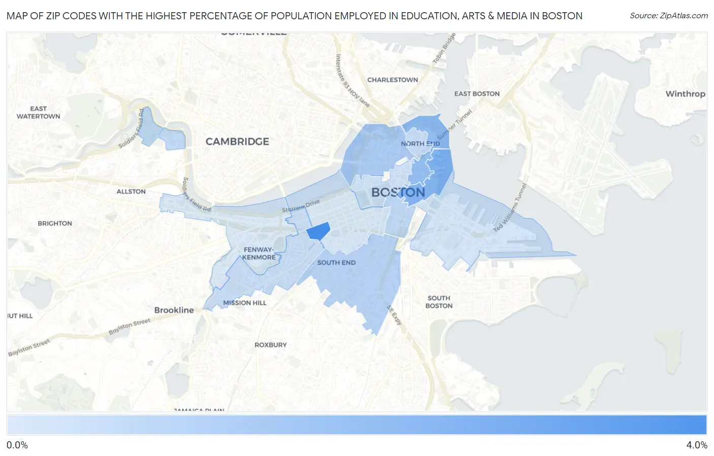 Zip Codes with the Highest Percentage of Population Employed in Education, Arts & Media in Boston Map