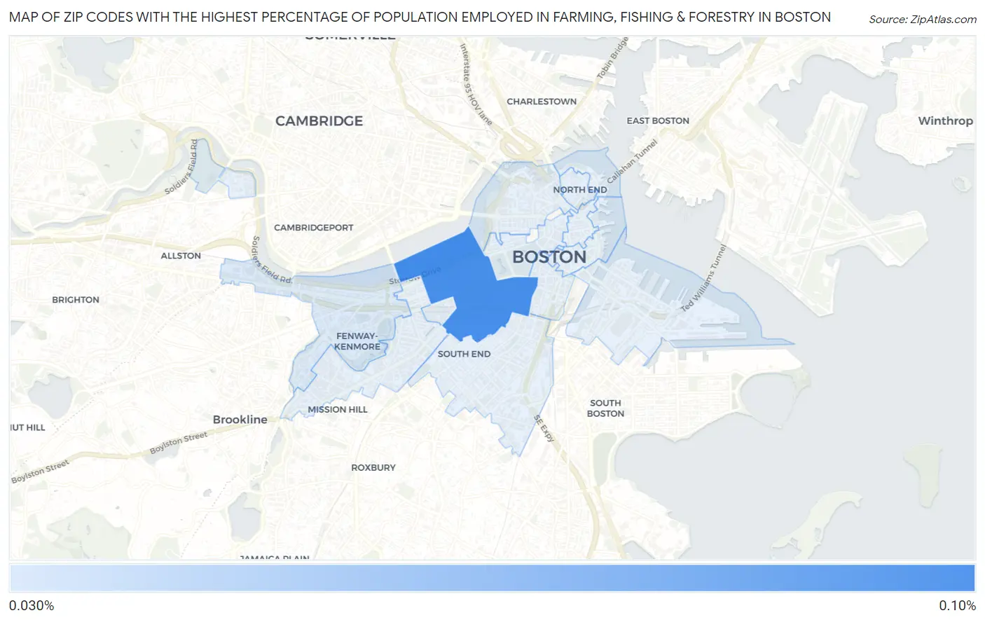 Zip Codes with the Highest Percentage of Population Employed in Farming, Fishing & Forestry in Boston Map