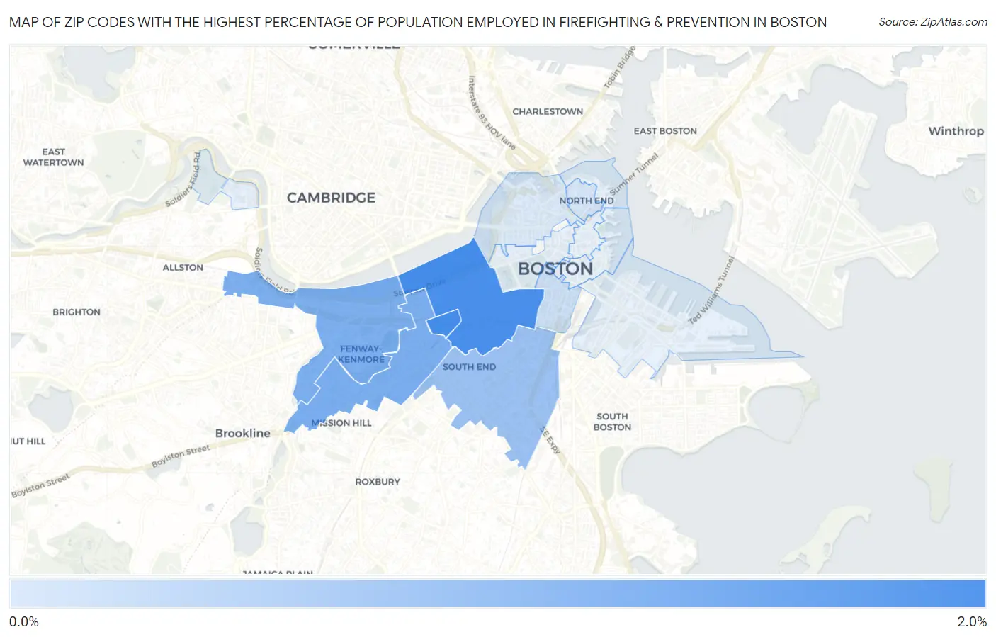 Zip Codes with the Highest Percentage of Population Employed in Firefighting & Prevention in Boston Map