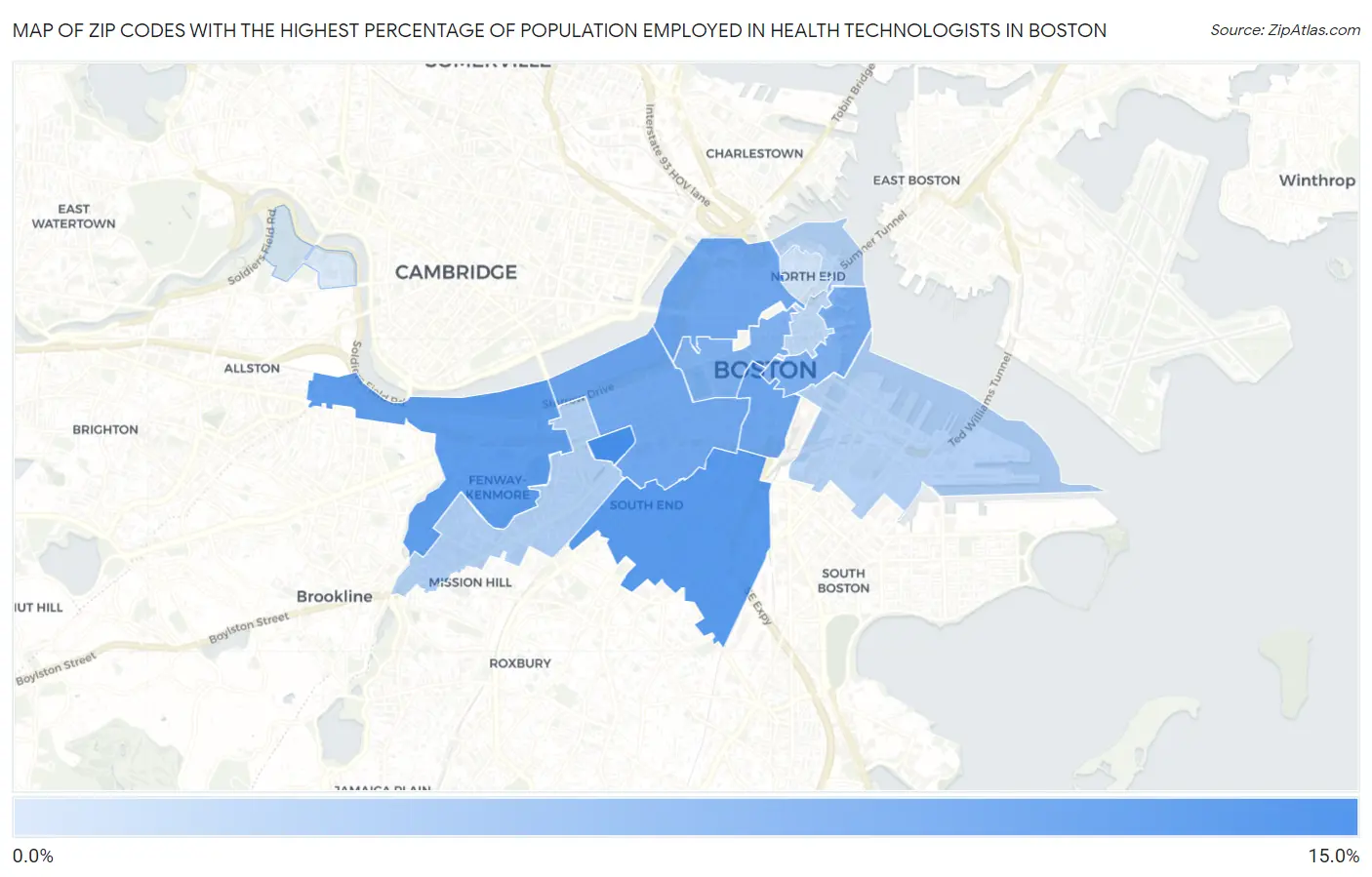 Zip Codes with the Highest Percentage of Population Employed in Health Technologists in Boston Map