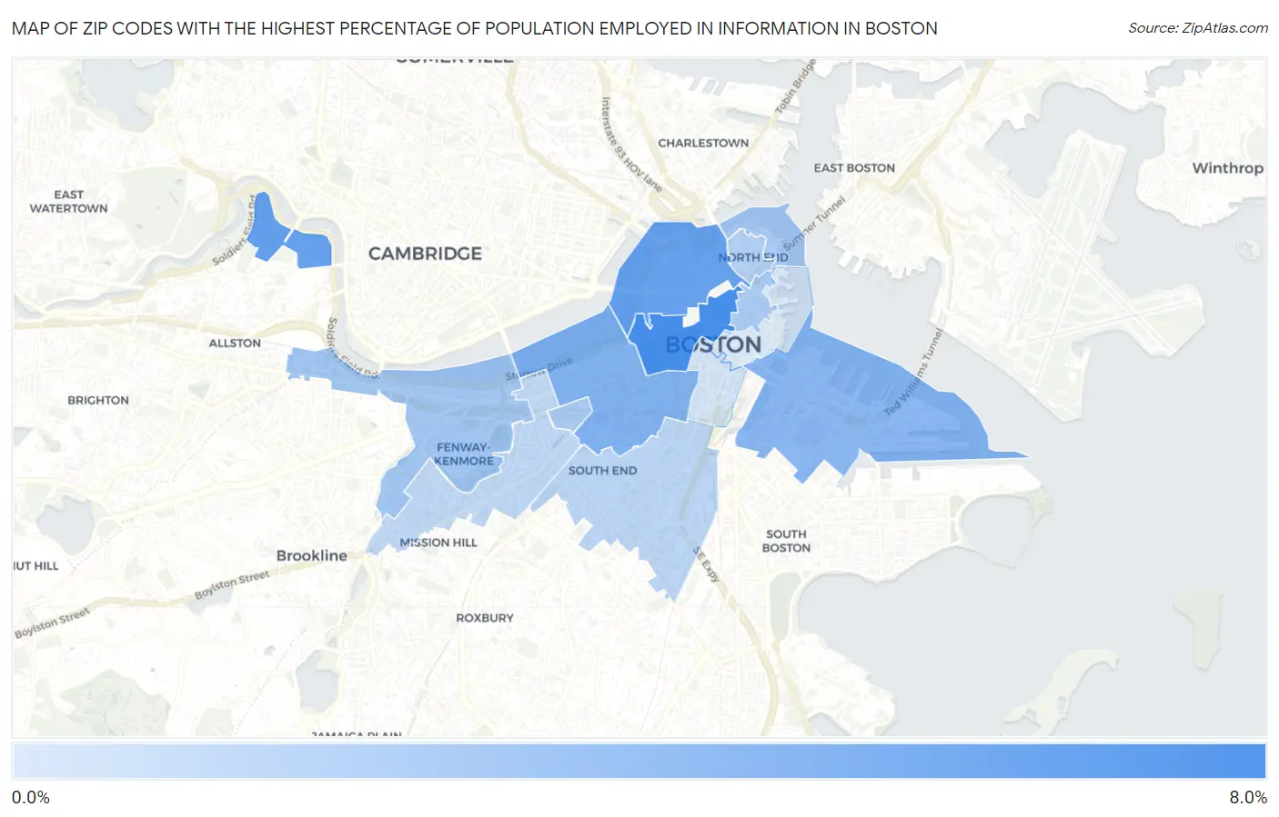 Zip Codes with the Highest Percentage of Population Employed in Information in Boston Map
