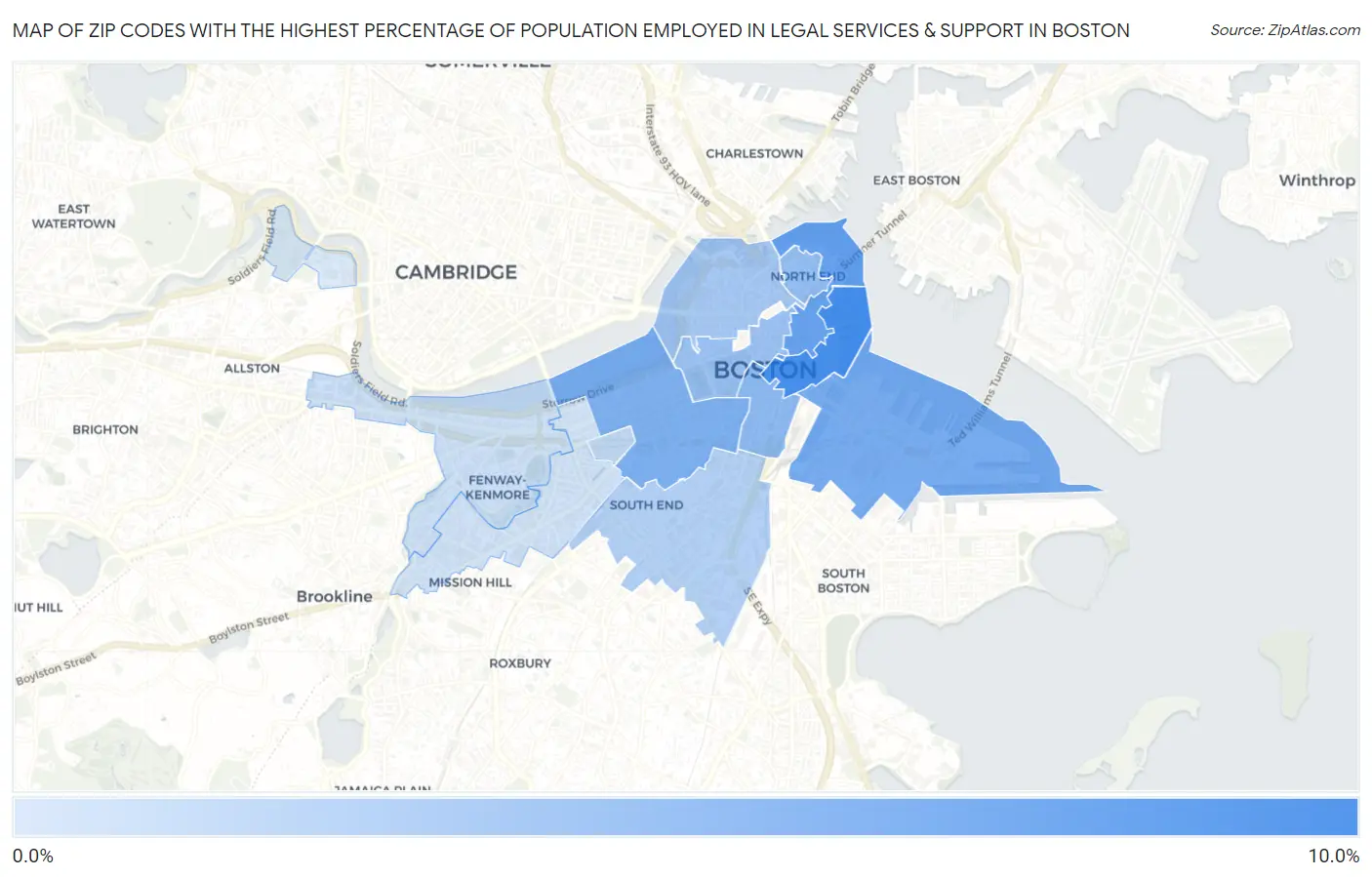Zip Codes with the Highest Percentage of Population Employed in Legal Services & Support in Boston Map