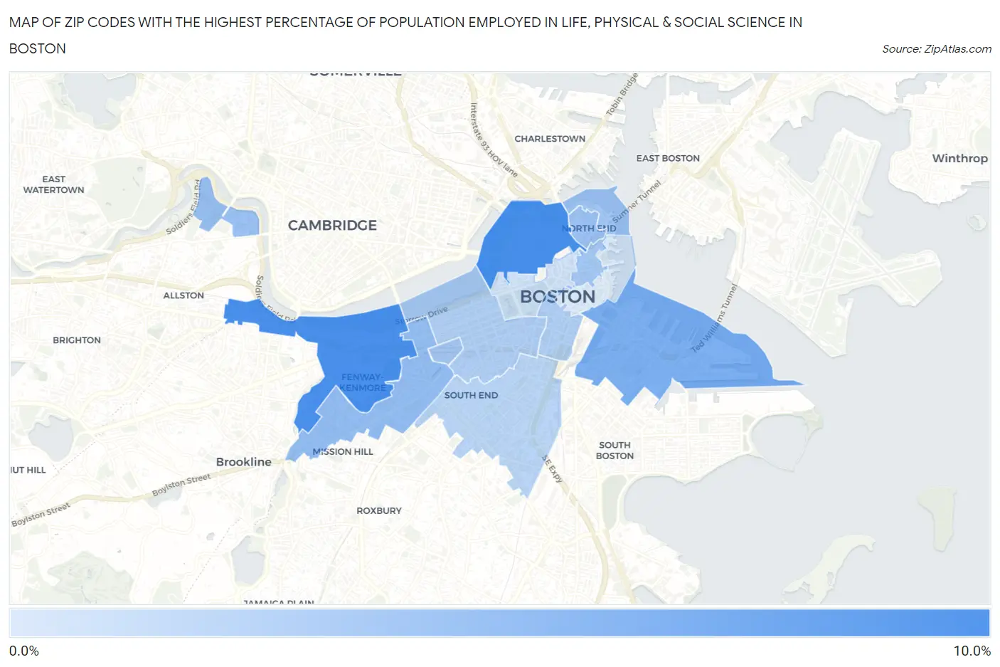 Zip Codes with the Highest Percentage of Population Employed in Life, Physical & Social Science in Boston Map