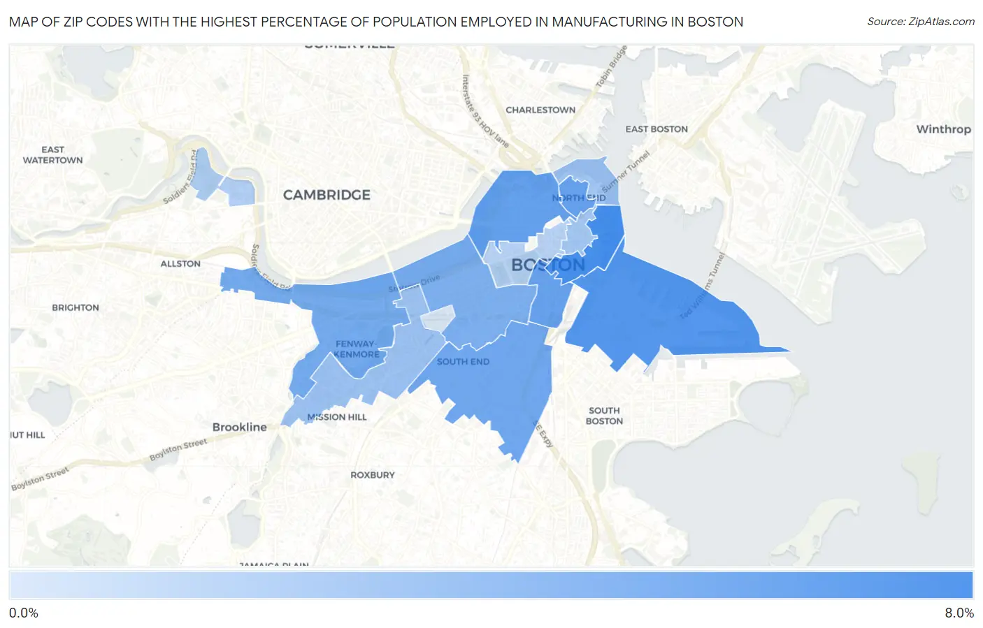 Zip Codes with the Highest Percentage of Population Employed in Manufacturing in Boston Map