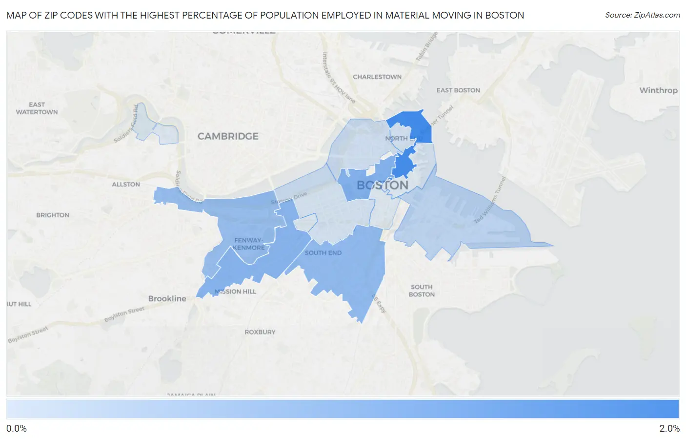 Zip Codes with the Highest Percentage of Population Employed in Material Moving in Boston Map