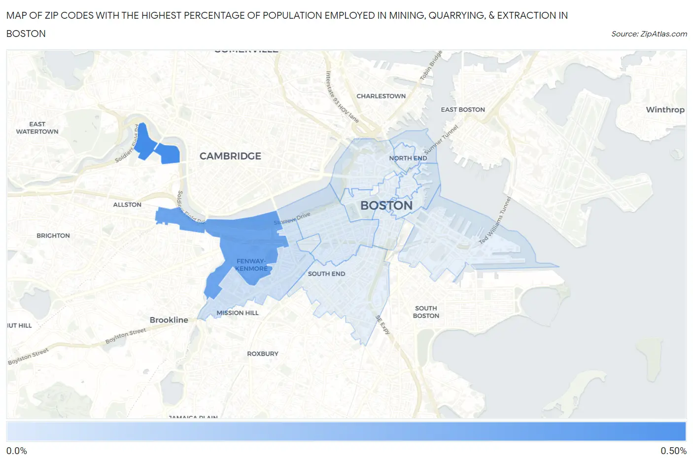Zip Codes with the Highest Percentage of Population Employed in Mining, Quarrying, & Extraction in Boston Map