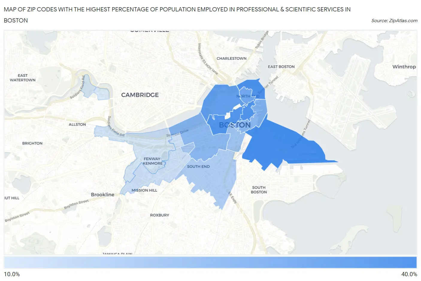 Zip Codes with the Highest Percentage of Population Employed in Professional & Scientific Services in Boston Map