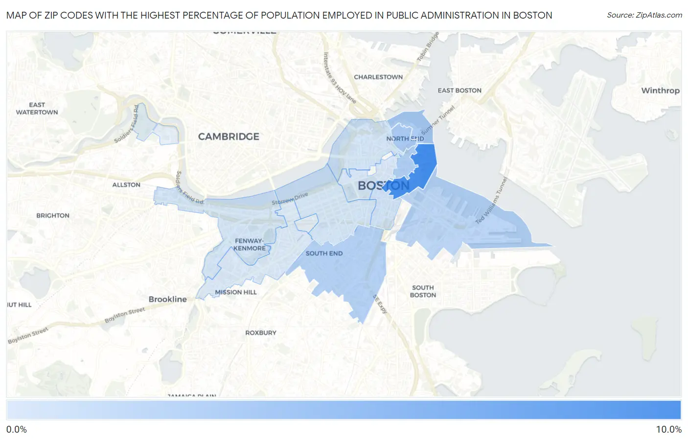 Zip Codes with the Highest Percentage of Population Employed in Public Administration in Boston Map