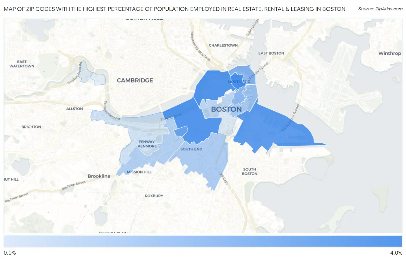 Zip Codes with the Highest Percentage of Population Employed in Real Estate, Rental & Leasing in Boston Map