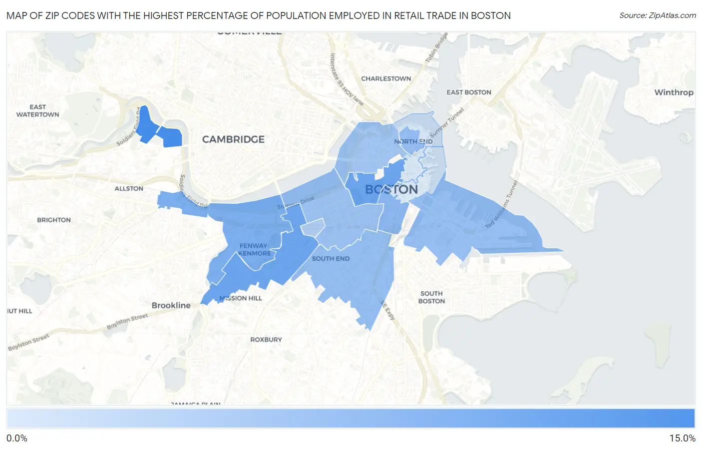 Zip Codes with the Highest Percentage of Population Employed in Retail Trade in Boston Map