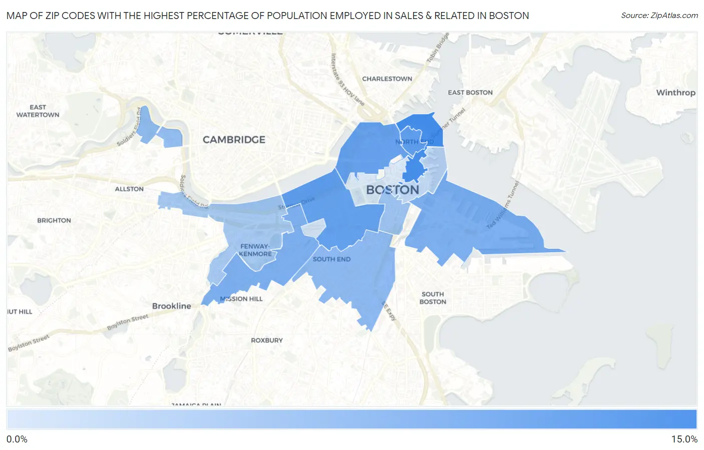 Zip Codes with the Highest Percentage of Population Employed in Sales & Related in Boston Map