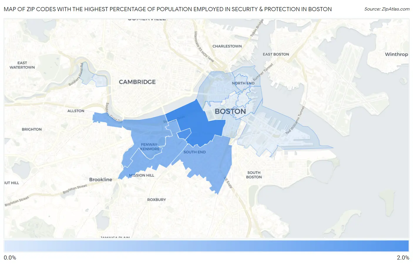 Zip Codes with the Highest Percentage of Population Employed in Security & Protection in Boston Map