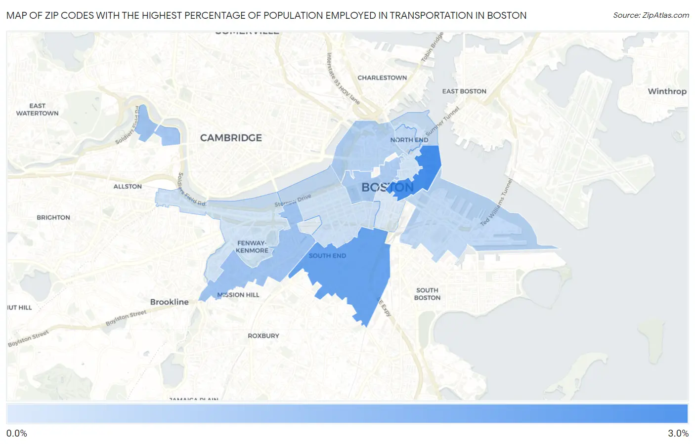 Zip Codes with the Highest Percentage of Population Employed in Transportation in Boston Map