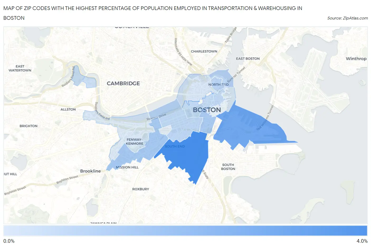 Zip Codes with the Highest Percentage of Population Employed in Transportation & Warehousing in Boston Map