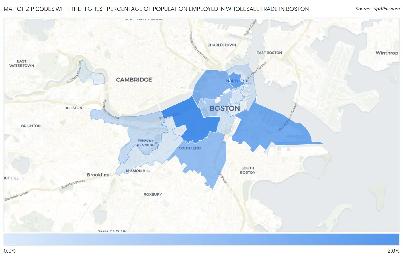 Zip Codes with the Highest Percentage of Population Employed in Wholesale Trade in Boston Map