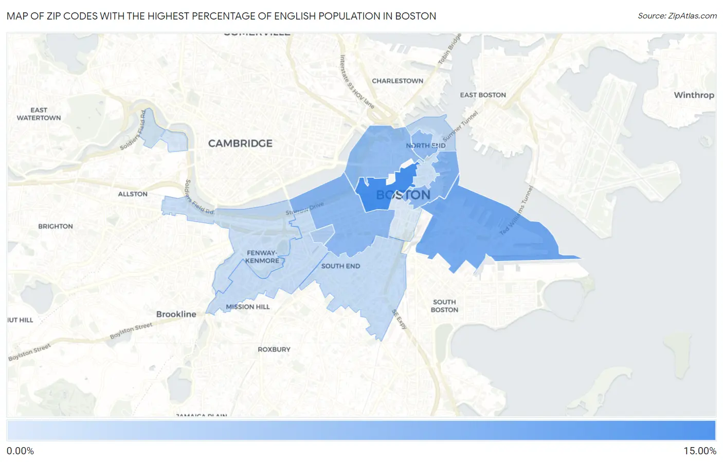 Zip Codes with the Highest Percentage of English Population in Boston Map