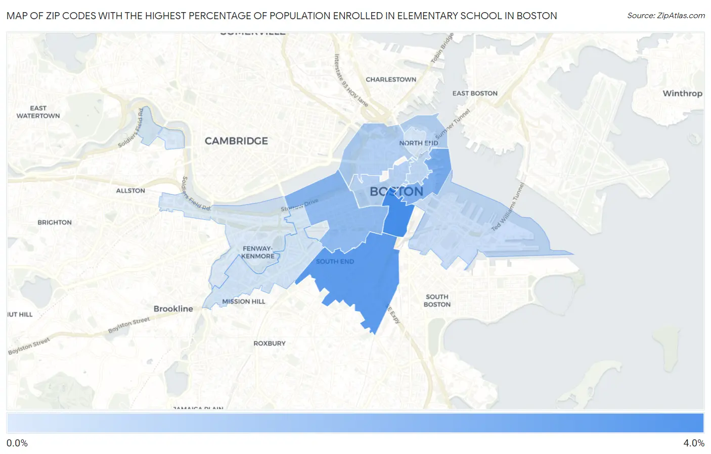Zip Codes with the Highest Percentage of Population Enrolled in Elementary School in Boston Map